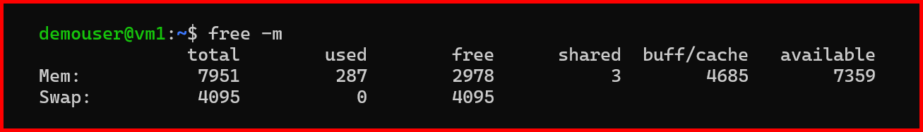 Picture showing checking the swap sapce using the free -m command